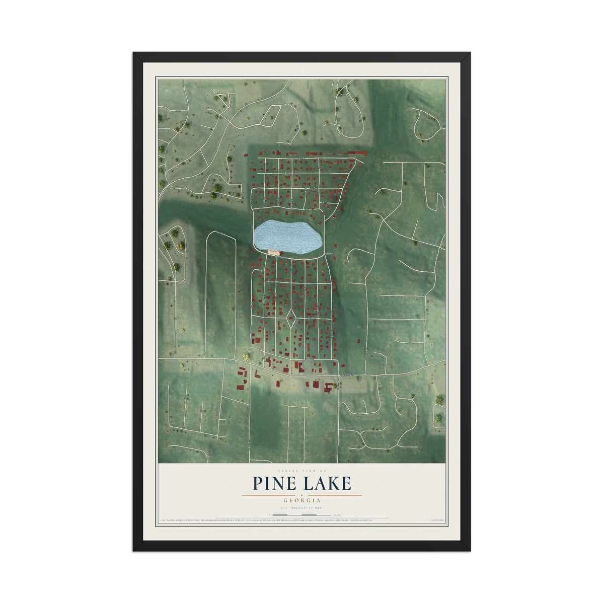 Pine Lake, Georgia map print, 12" x 18" W/ Black Ayous Wood Frame mockup
