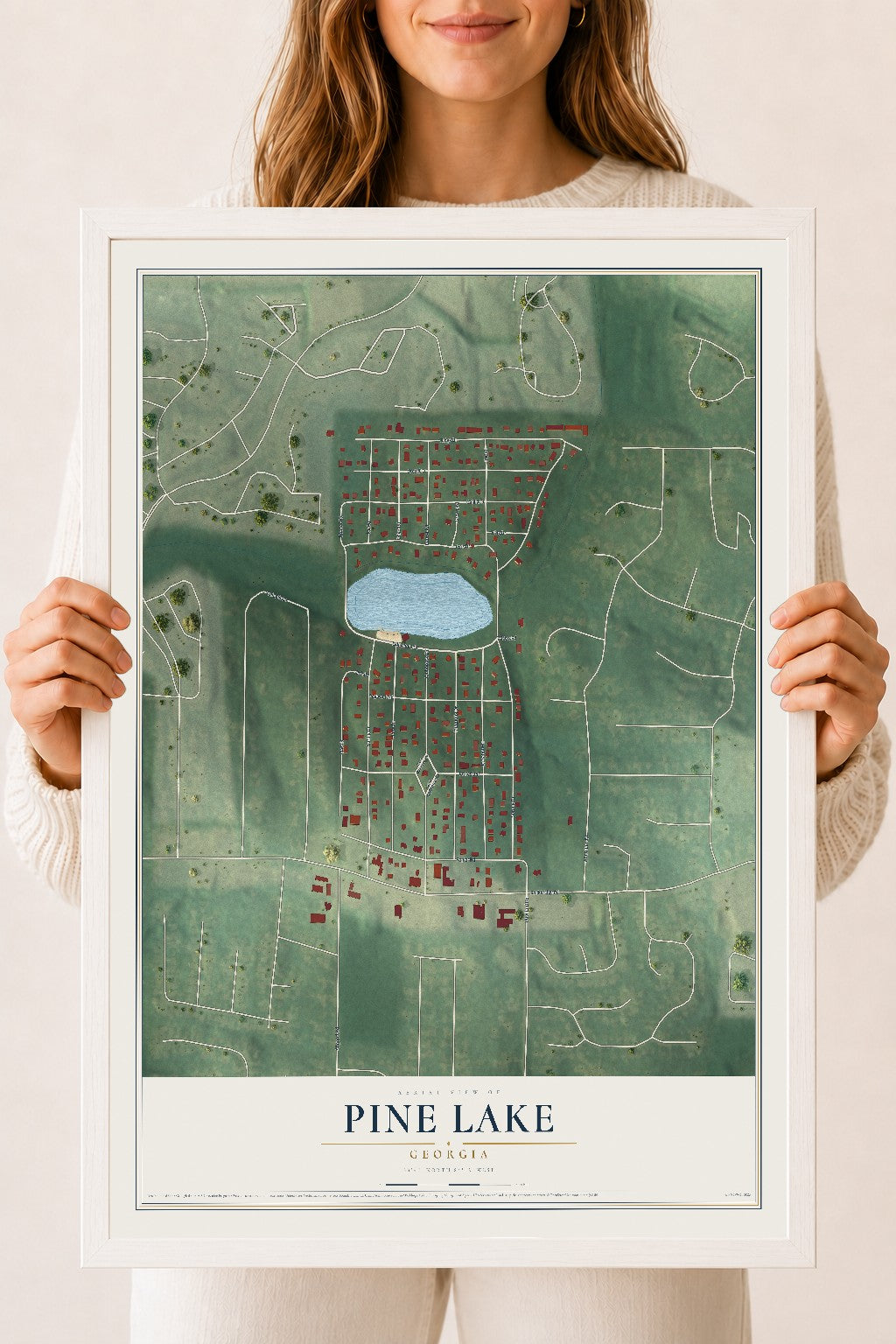 Pine Lake, Georgia map print, 18" x 24" W/ White Ayous Wood Frame mockup