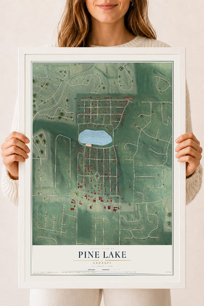 Pine Lake, Georgia map print, 18" x 24" W/ White Ayous Wood Frame mockup