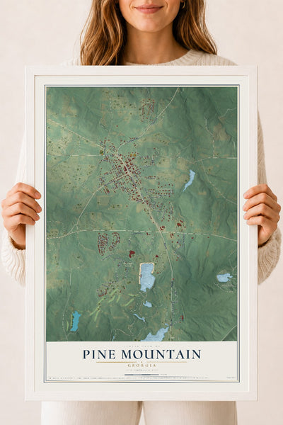 Pine Mountain, Georgia map print, 18" x 24" W/ White Ayous Wood Frame mockup