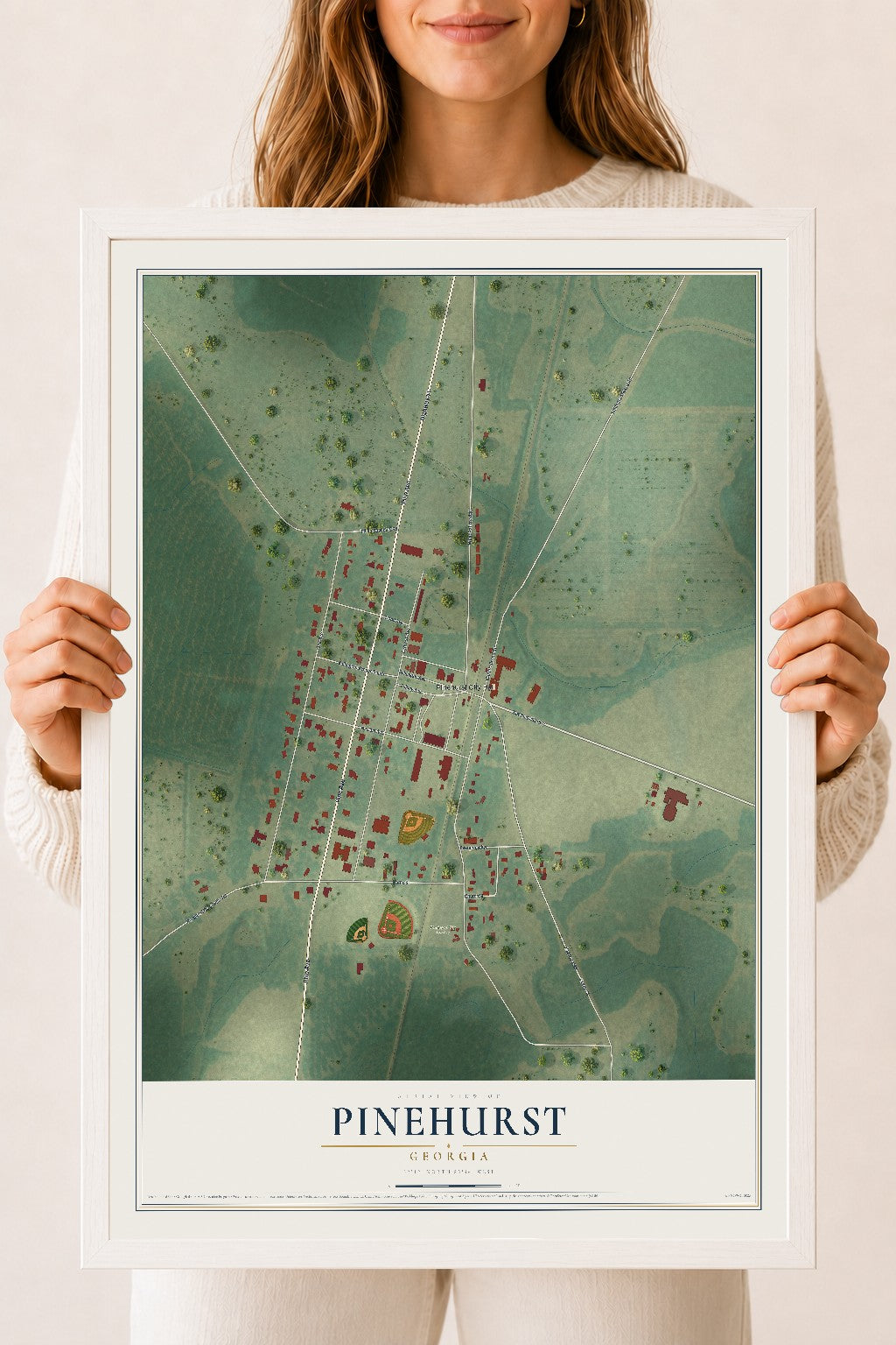 Pinehurst, Georgia map print, 18" x 24" W/ White Ayous Wood Frame mockup