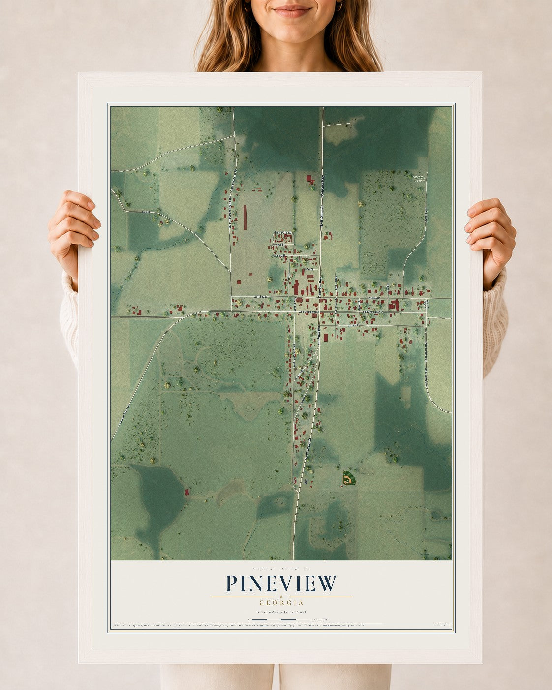 Pineview, Georgia map print, 24" x 36" W/ White Ayous Wood Frame mockup