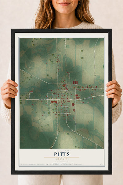 Pitts, Georgia map print, 18" x 24" W/ Black Ayous Wood Frame mockup