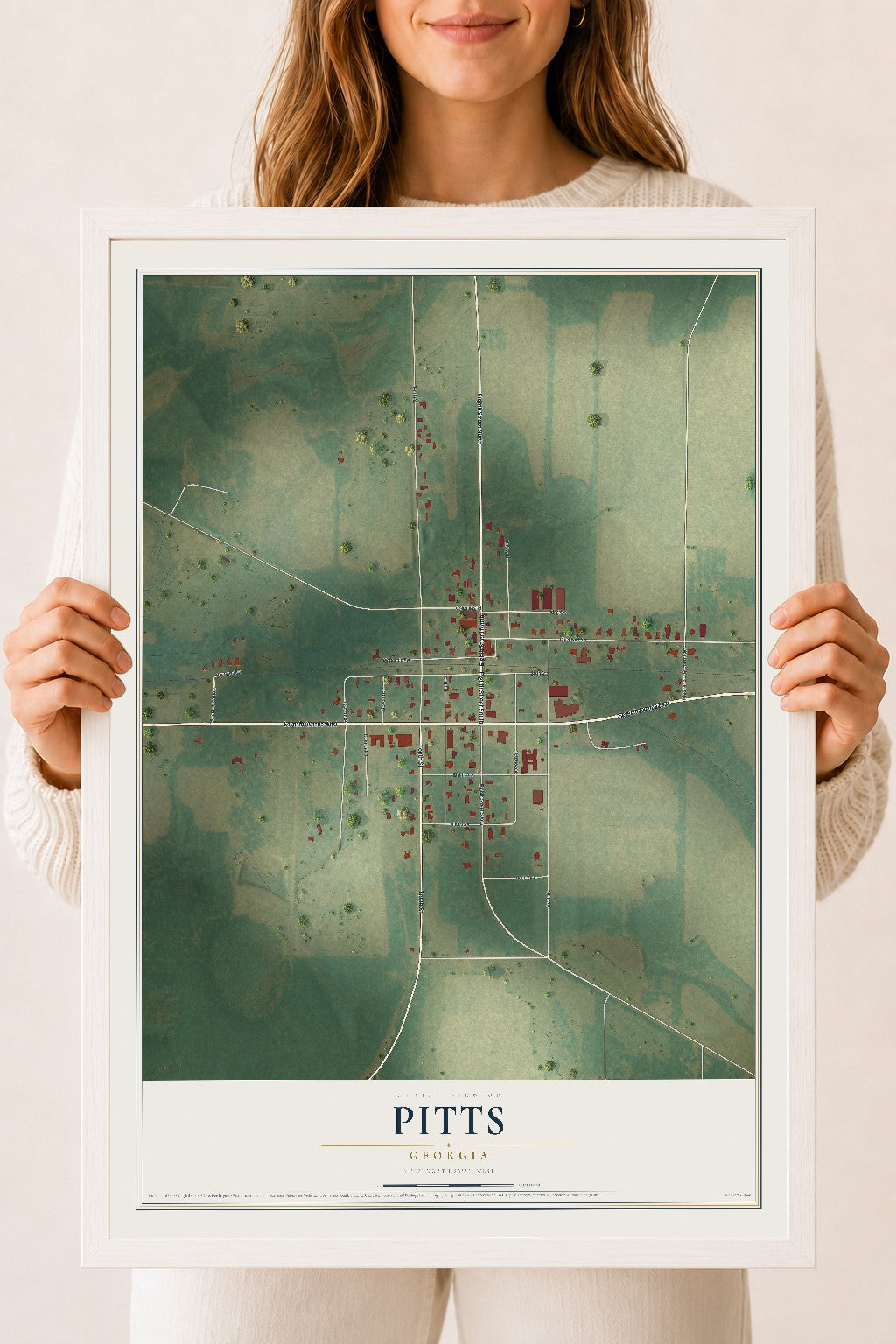 Pitts, Georgia map print, 18" x 24" W/ White Ayous Wood Frame mockup