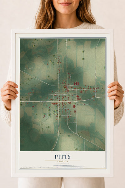 Pitts, Georgia map print, 18" x 24" W/ White Ayous Wood Frame mockup