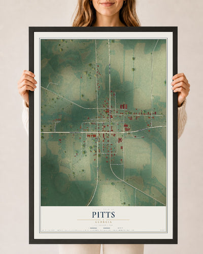 Pitts, Georgia map print, 24" x 36" W/ Black Ayous Wood Frame mockup