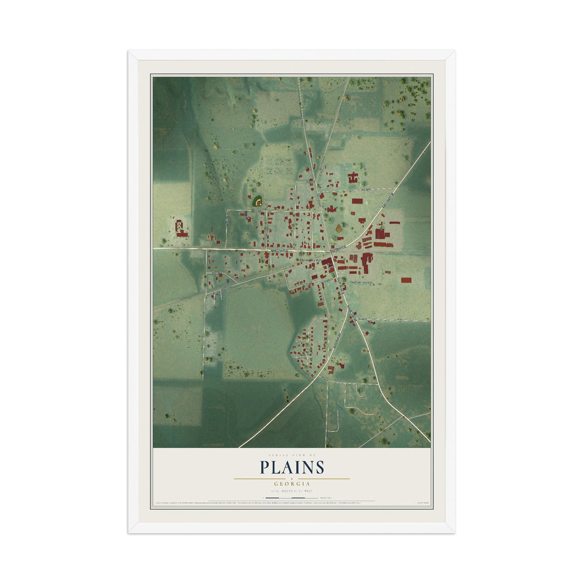 Plains, Georgia map print, 12" x 18" W/ White Ayous Wood Frame mockup