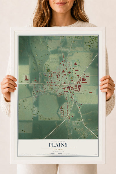 Plains, Georgia map print, 18" x 24" W/ White Ayous Wood Frame mockup