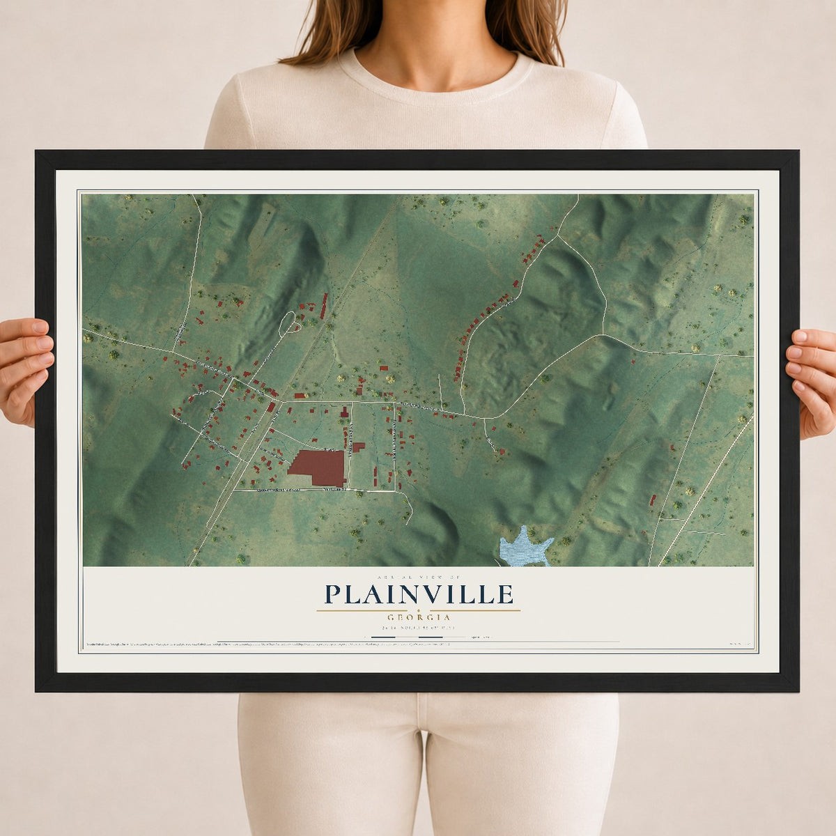 Plainville, Georgia map print, 18" x 24" W/ Black Ayous Wood Frame mockup