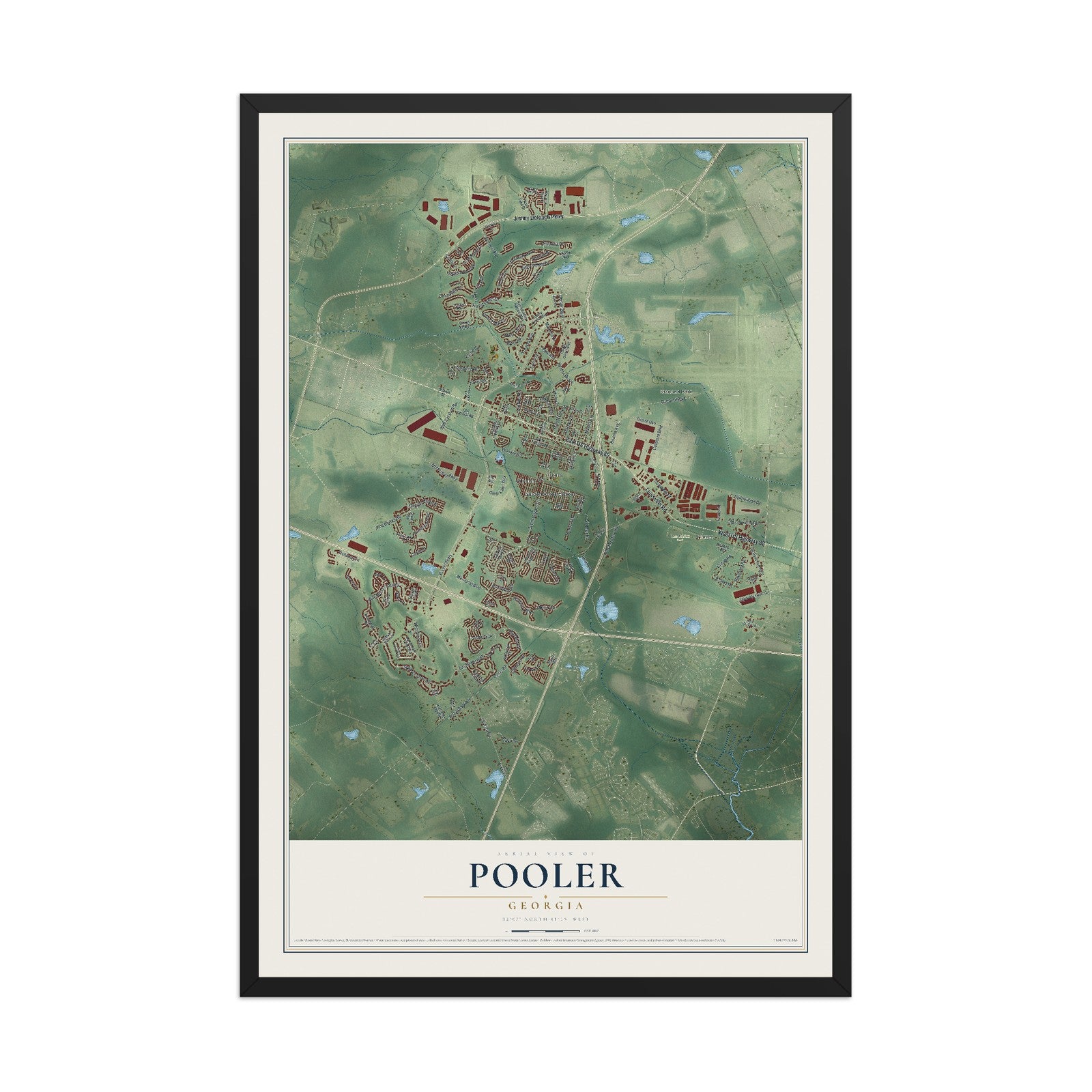 Pooler, Georgia map print, 12" x 18" W/ Black Ayous Wood Frame mockup