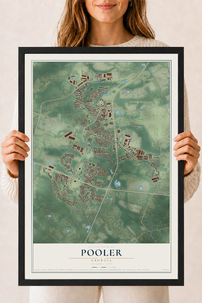 Pooler, Georgia map print, 18" x 24" W/ Black Ayous Wood Frame mockup