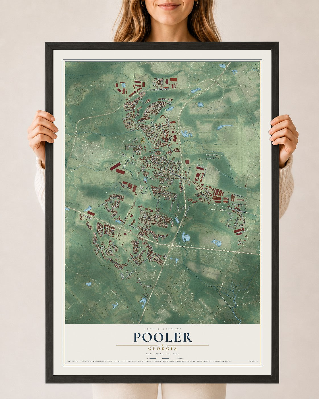 Pooler, Georgia map print, 24" x 36" W/ Black Ayous Wood Frame mockup
