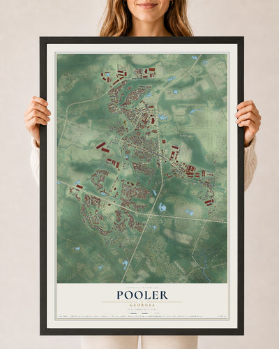 Pooler, Georgia map print, 24" x 36" W/ Black Ayous Wood Frame mockup