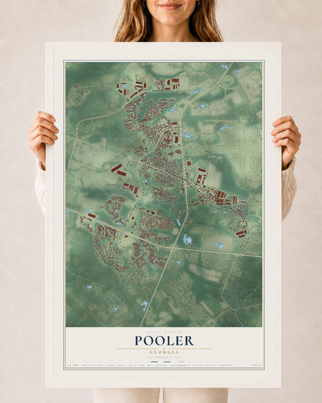 Pooler, Georgia map print, 24" x 36" W/ White Ayous Wood Frame mockup