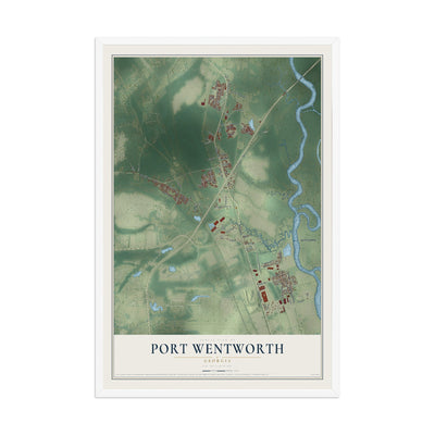 Port Wentworth, Georgia map print, 12" x 18" W/ White Ayous Wood Frame mockup
