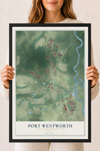 Port Wentworth, Georgia map print, 18" x 24" W/ Black Ayous Wood Frame mockup