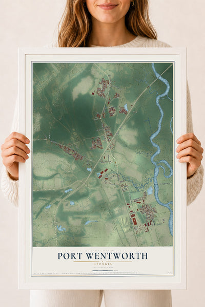 Port Wentworth, Georgia map print, 18" x 24" W/ White Ayous Wood Frame mockup