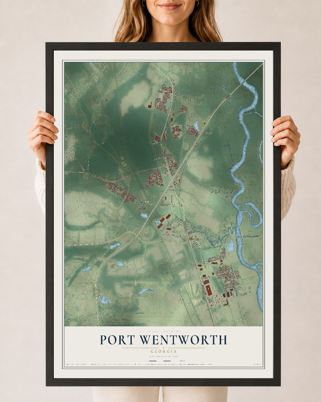Port Wentworth, Georgia map print, 24" x 36" W/ Black Ayous Wood Frame mockup
