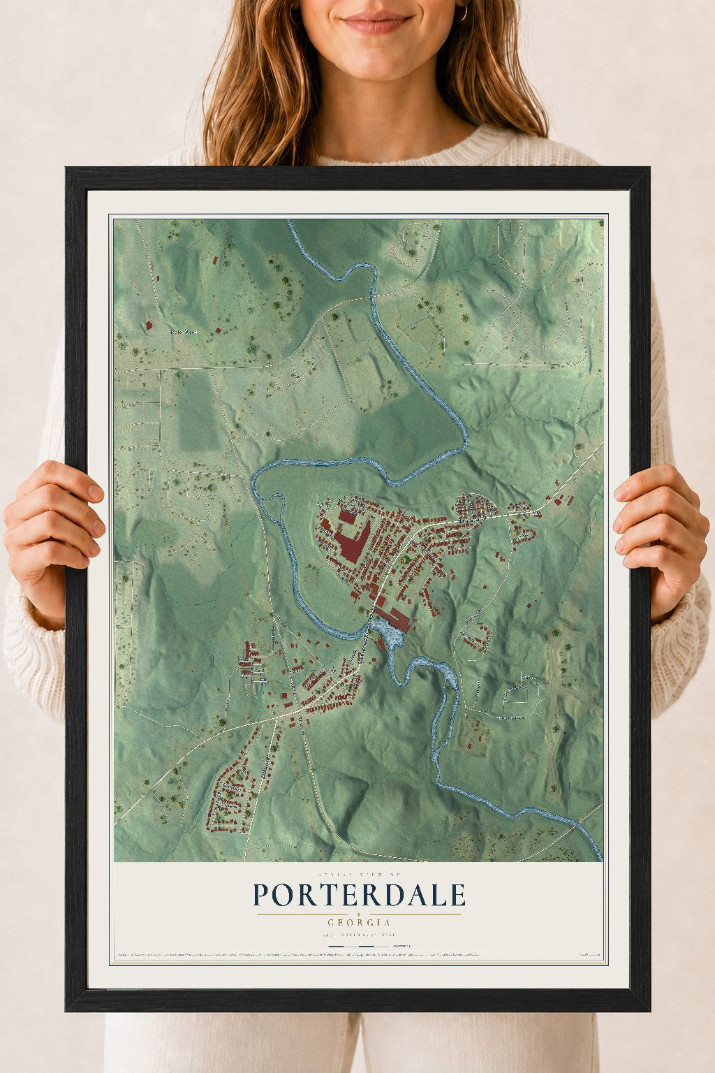 Porterdale, Georgia map print, 18" x 24" W/ Black Ayous Wood Frame mockup