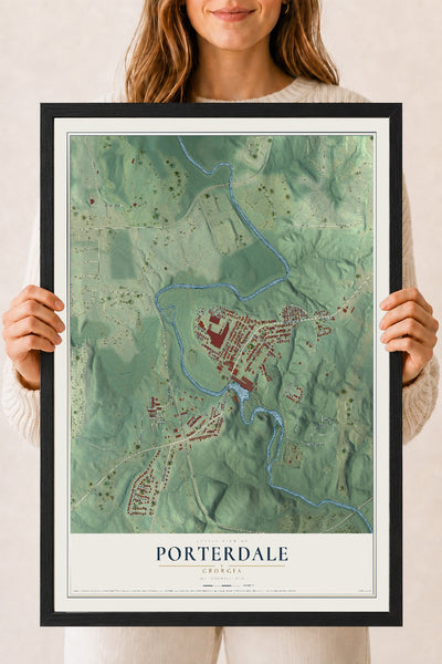 Porterdale, Georgia map print, 18" x 24" W/ Black Ayous Wood Frame mockup