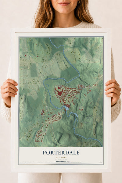 Porterdale, Georgia map print, 18" x 24" W/ White Ayous Wood Frame mockup