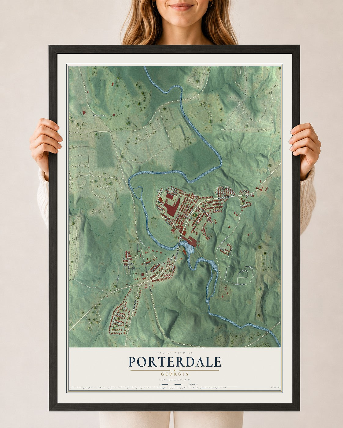 Porterdale, Georgia map print, 24" x 36" W/ Black Ayous Wood Frame mockup