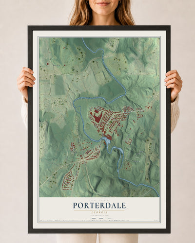 Porterdale, Georgia map print, 24" x 36" W/ Black Ayous Wood Frame mockup