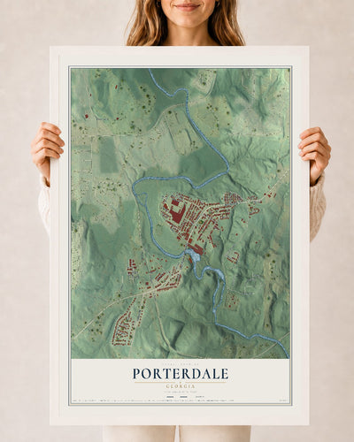 Porterdale, Georgia map print, 24" x 36" W/ White Ayous Wood Frame mockup