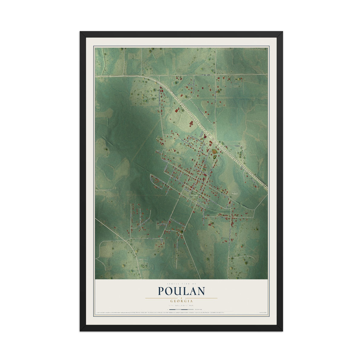 Poulan, Georgia map print, 12" x 18" W/ Black Ayous Wood Frame mockup