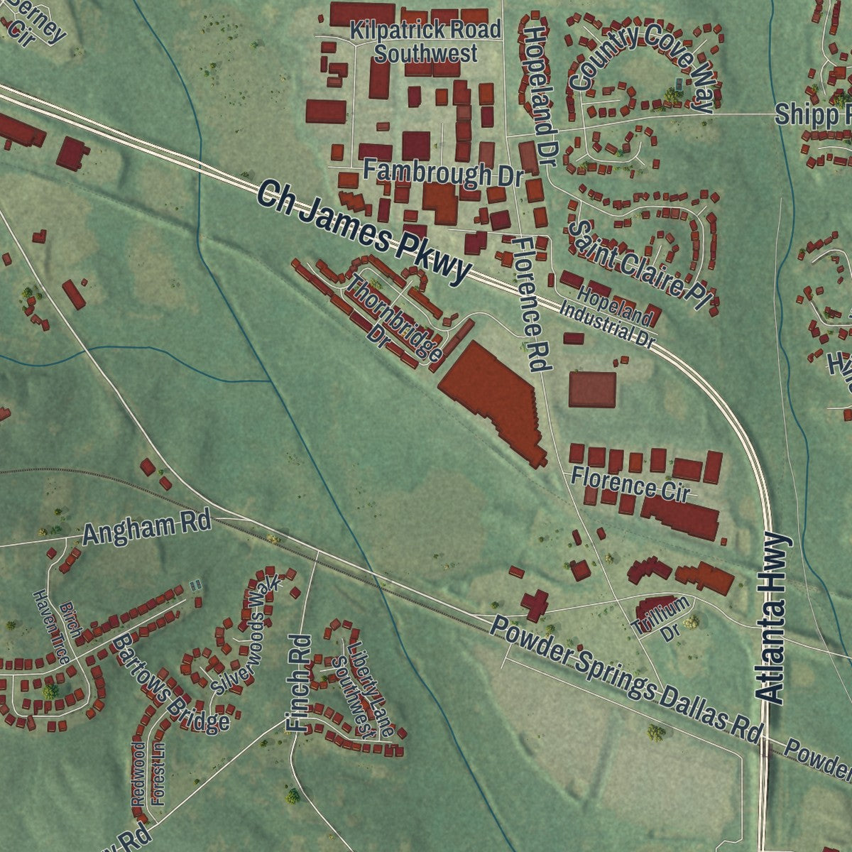 Close-up 2 of the Powder Springs, Georgia map artwork