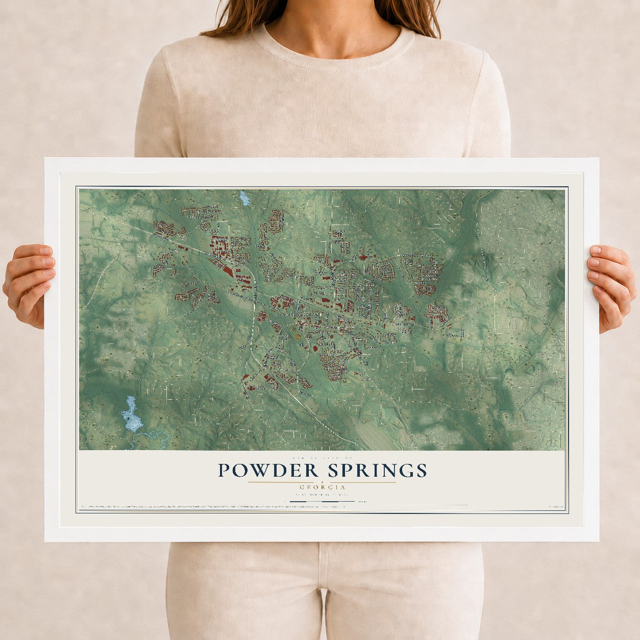Powder Springs, Georgia map print, 12" x 18" W/ White Ayous Wood Frame mockup