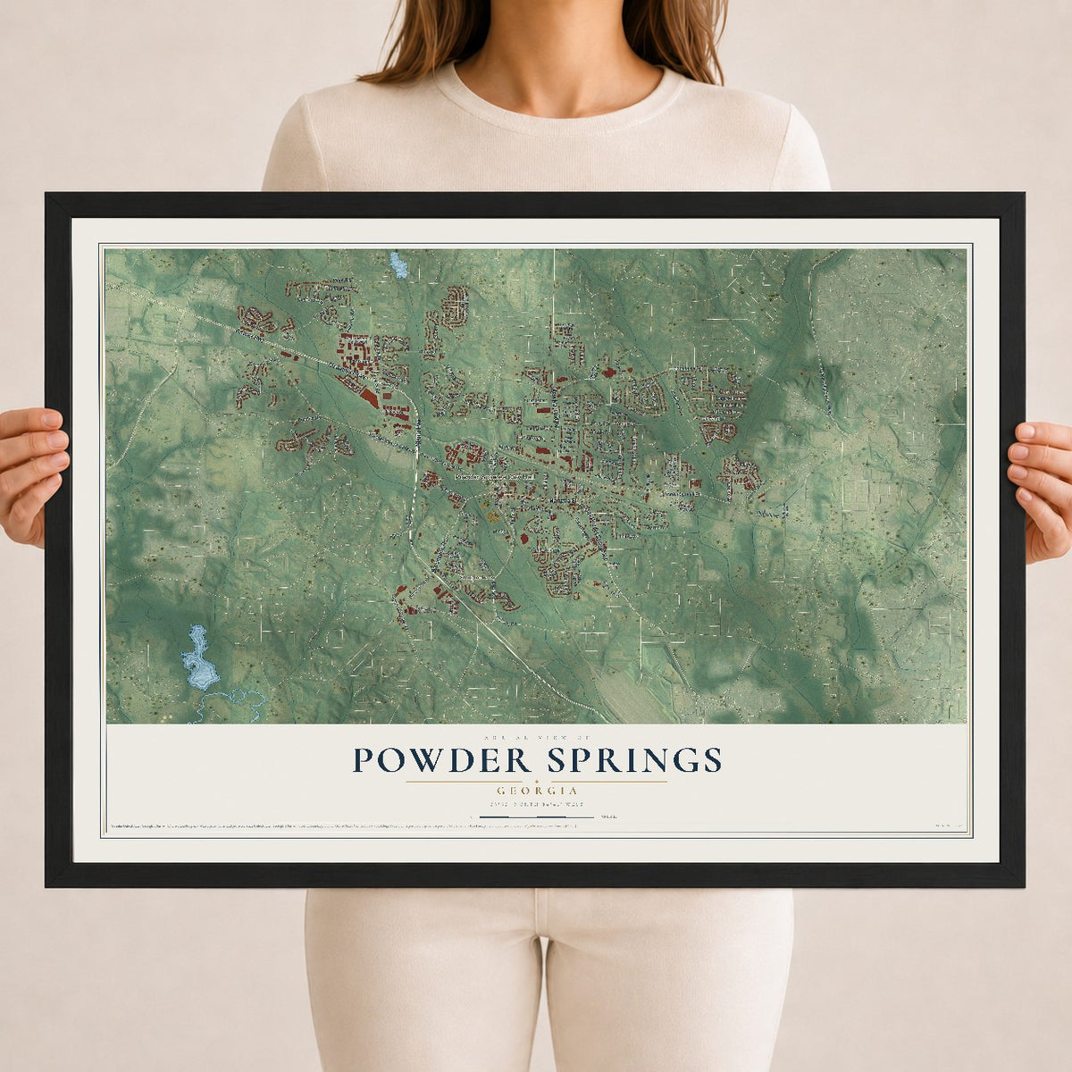 Powder Springs, Georgia map print, 18" x 24" W/ Black Ayous Wood Frame mockup
