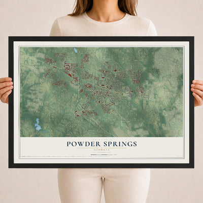 Powder Springs, Georgia map print, 18" x 24" W/ Black Ayous Wood Frame mockup