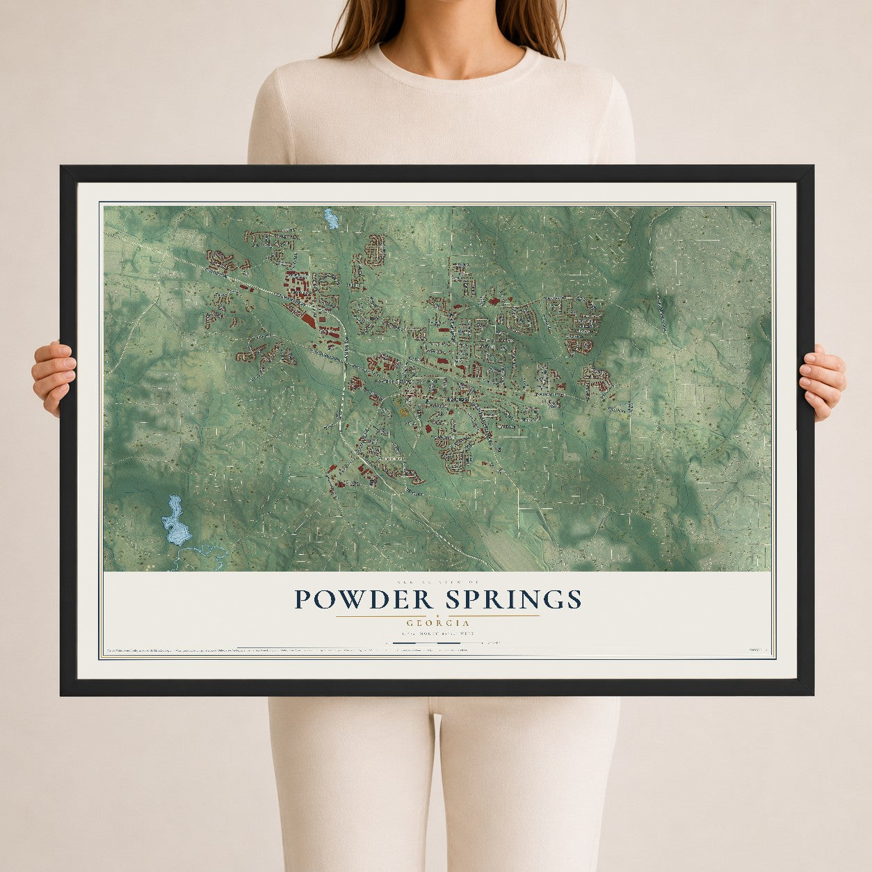 Powder Springs, Georgia map print, 24" x 36" W/ Black Ayous Wood Frame mockup