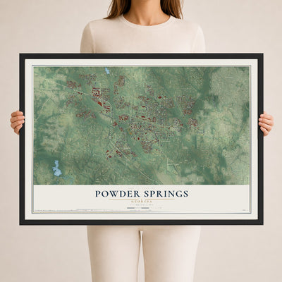 Powder Springs, Georgia map print, 24" x 36" W/ Black Ayous Wood Frame mockup