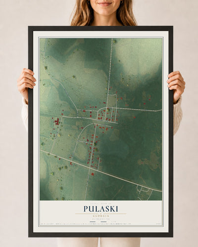 Pulaski, Georgia map print, 24" x 36" W/ Black Ayous Wood Frame mockup