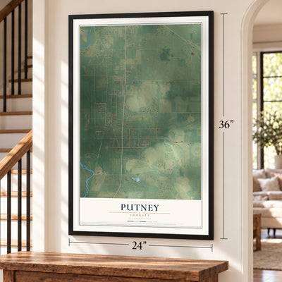 Putney, Georgia map, 24 x 36 inch print in a black frame by a staircase