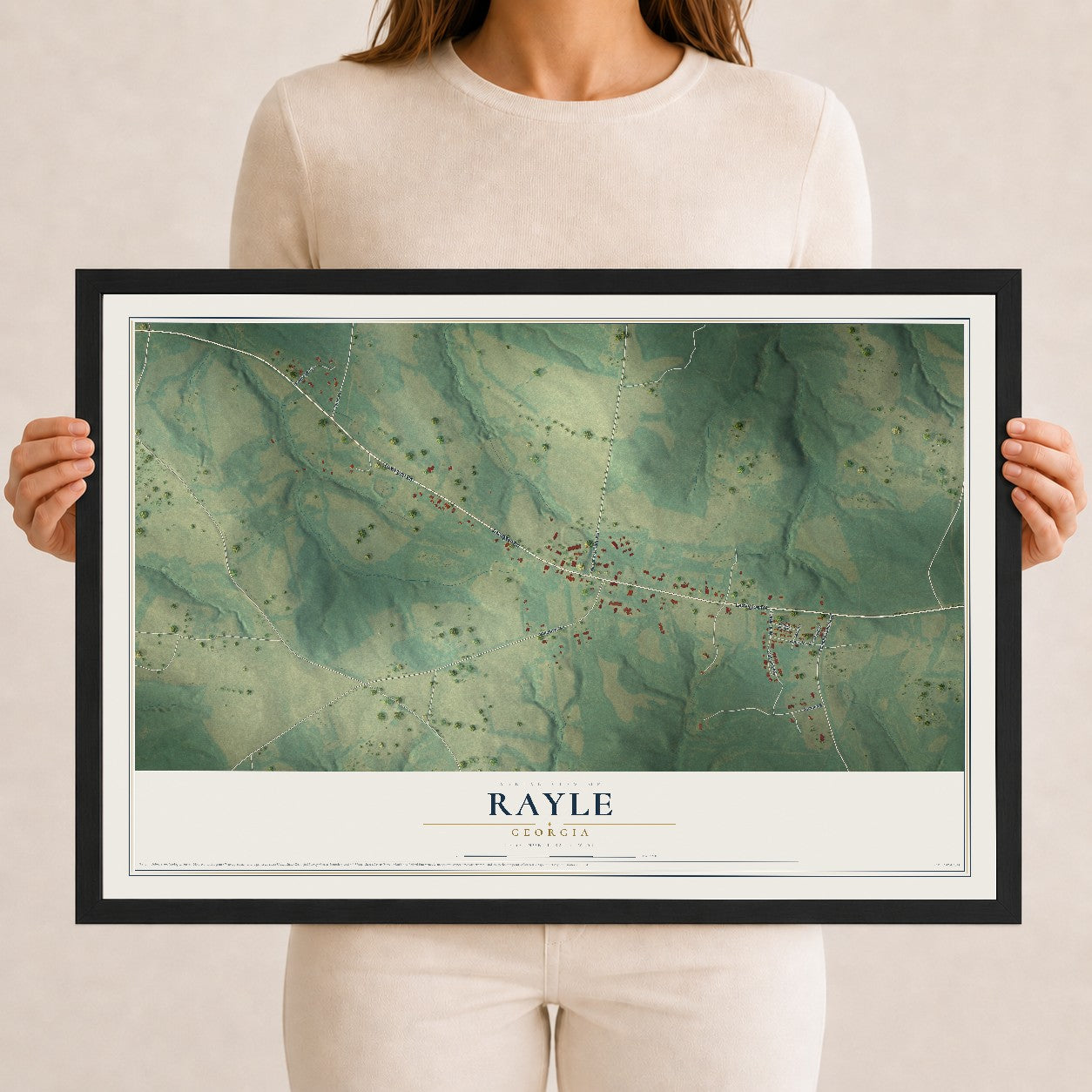 Rayle, Georgia map print, 12" x 18" W/ Black Ayous Wood Frame mockup