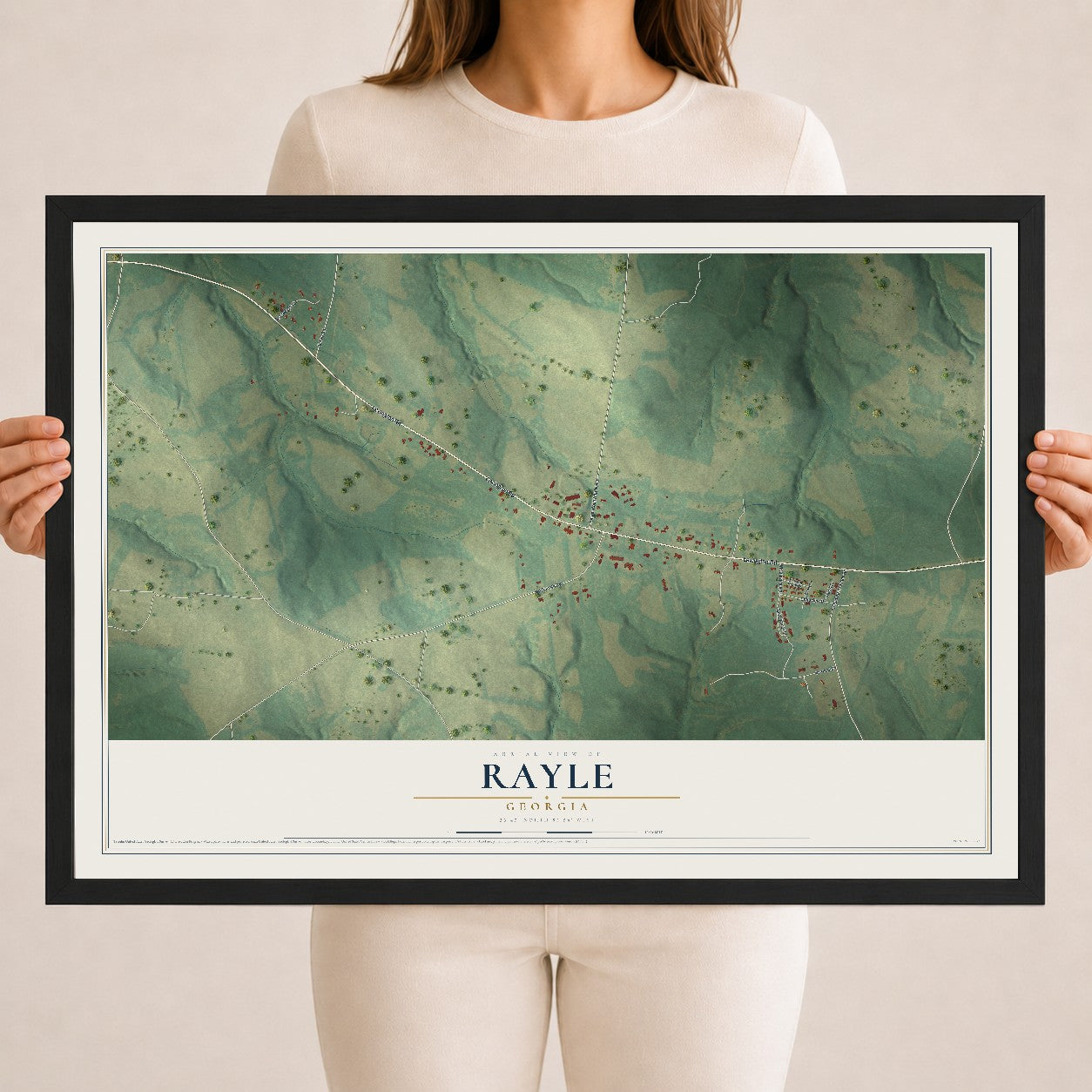 Rayle, Georgia map print, 18" x 24" W/ Black Ayous Wood Frame mockup