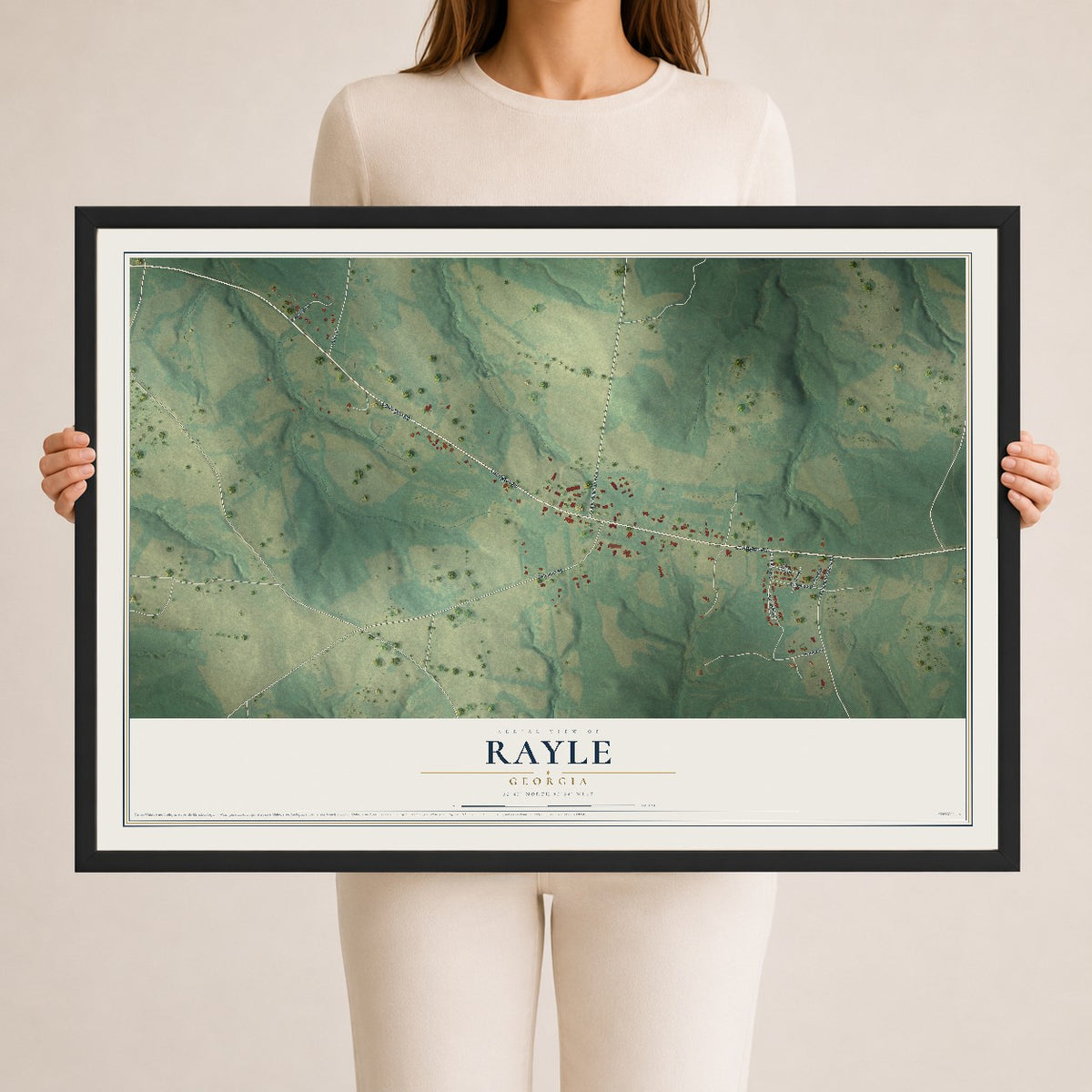 Rayle, Georgia map print, 24" x 36" W/ Black Ayous Wood Frame mockup