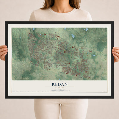 Redan, Georgia map print, 18" x 24" W/ Black Ayous Wood Frame mockup
