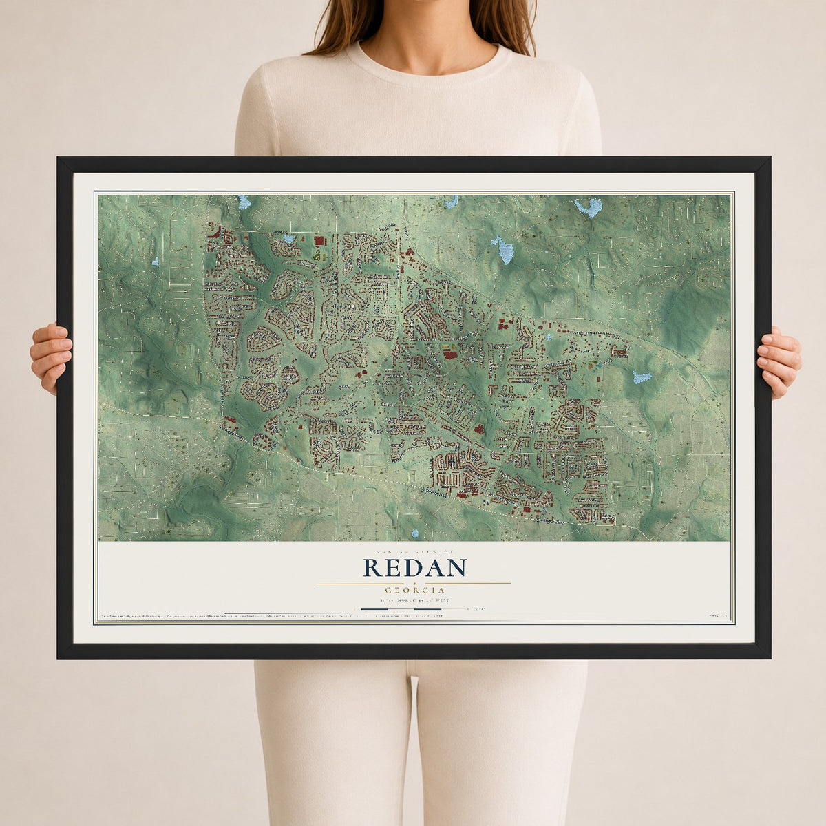Redan, Georgia map print, 24" x 36" W/ Black Ayous Wood Frame mockup