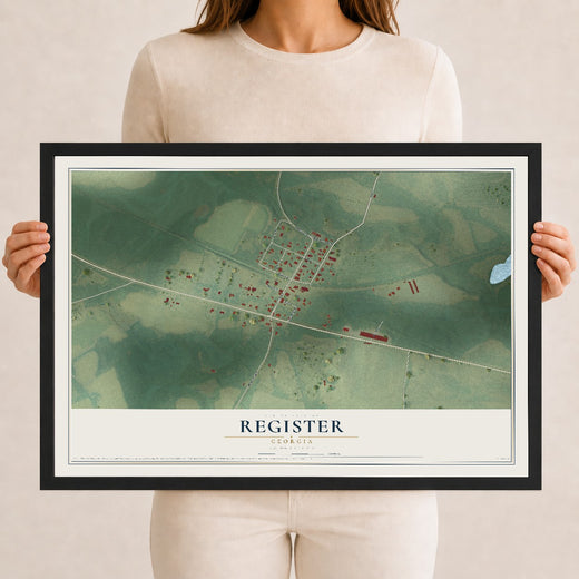 Map of Register, Georgia, 12 x 18 inch print in a black wood frame