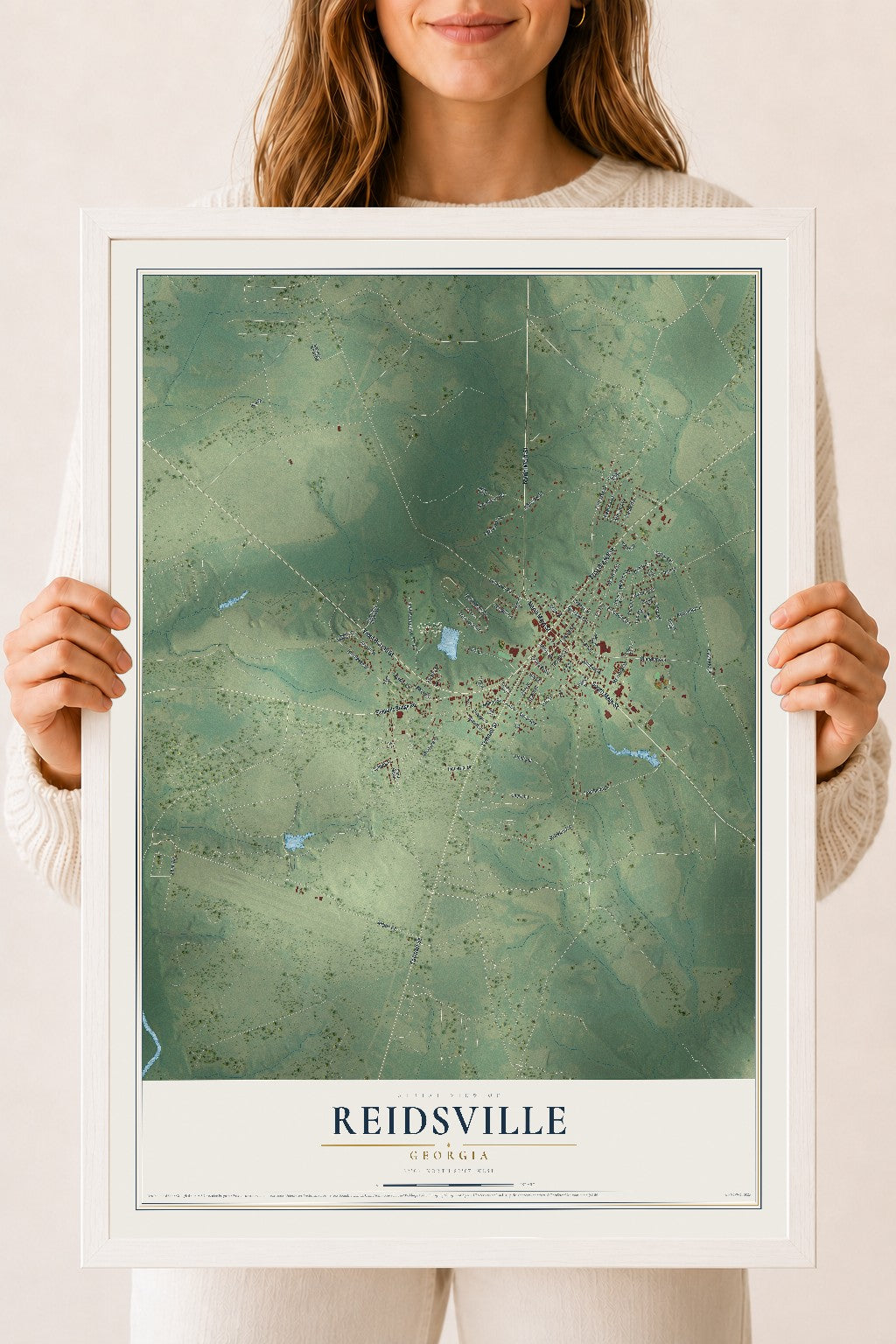 Reidsville, Georgia map print, 18" x 24" W/ White Ayous Wood Frame mockup