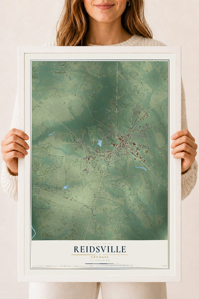 Reidsville, Georgia map print, 18" x 24" W/ White Ayous Wood Frame mockup