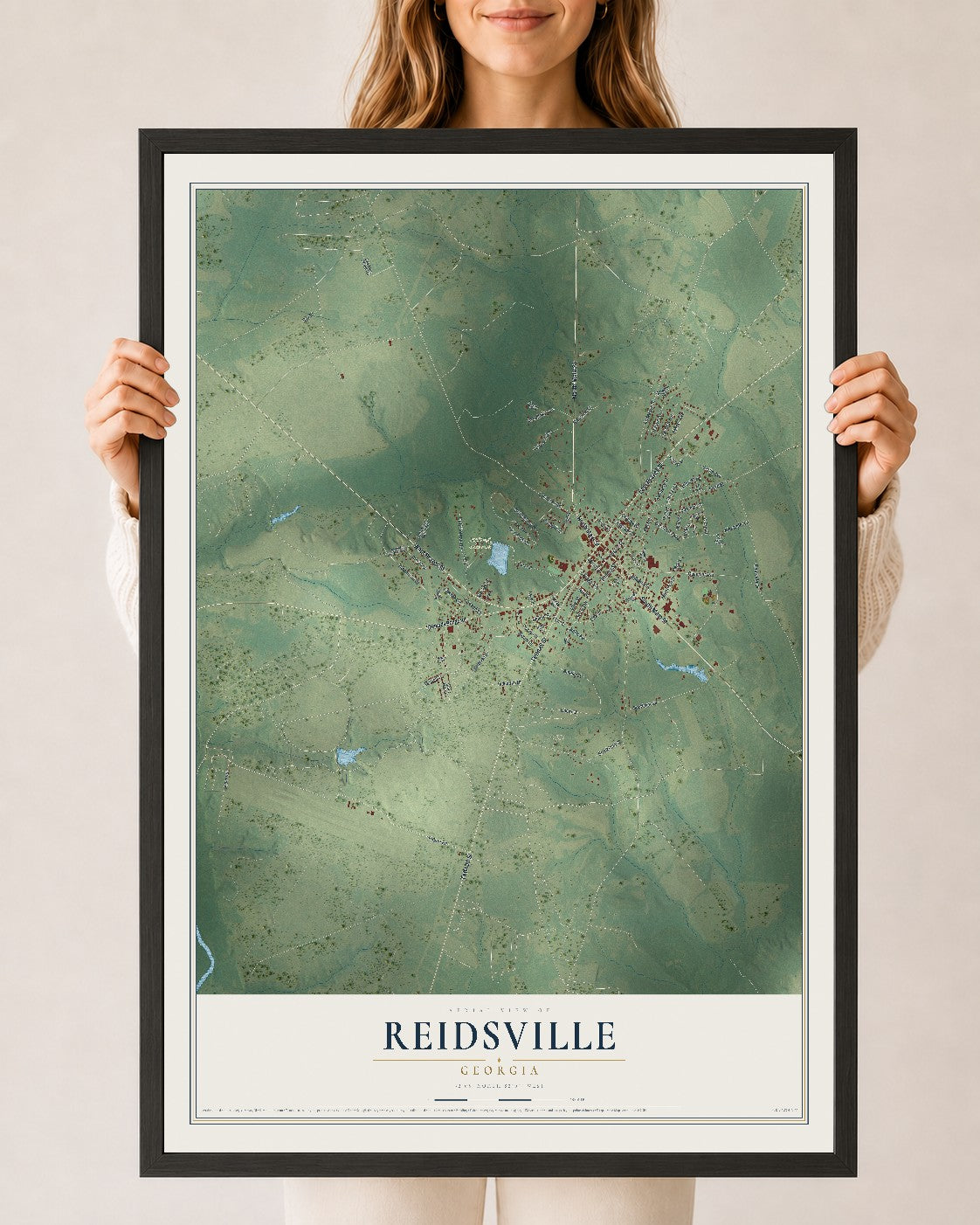 Reidsville, Georgia map print, 24" x 36" W/ Black Ayous Wood Frame mockup