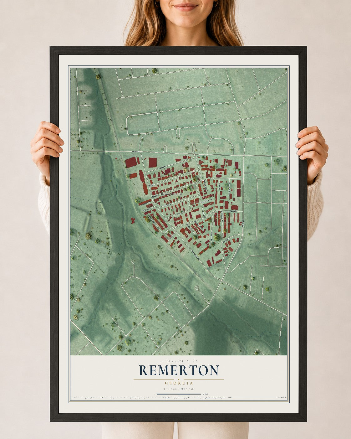 Remerton, Georgia map print, 24" x 36" W/ Black Ayous Wood Frame mockup