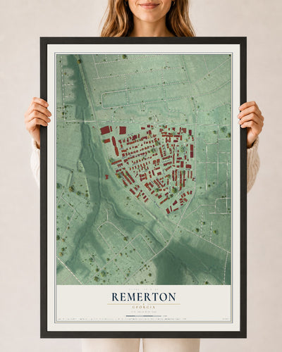 Remerton, Georgia map print, 24" x 36" W/ Black Ayous Wood Frame mockup