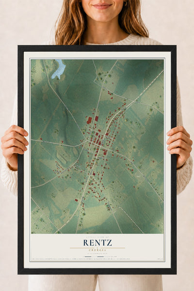 Rentz, Georgia map print, 18" x 24" W/ Black Ayous Wood Frame mockup