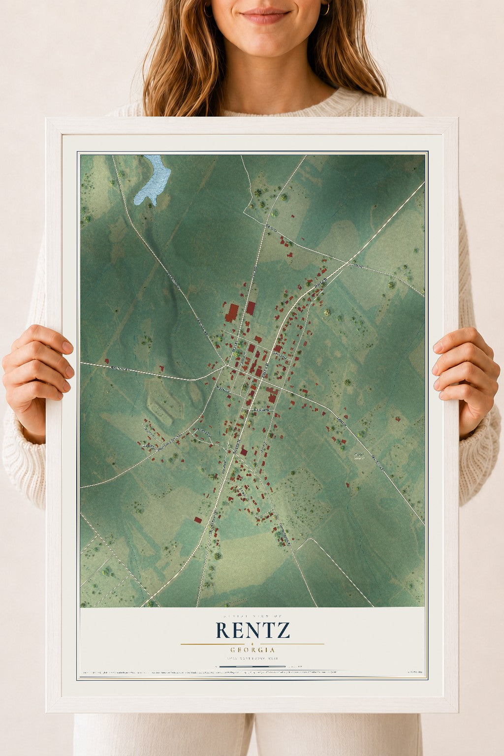 Rentz, Georgia map print, 18" x 24" W/ White Ayous Wood Frame mockup